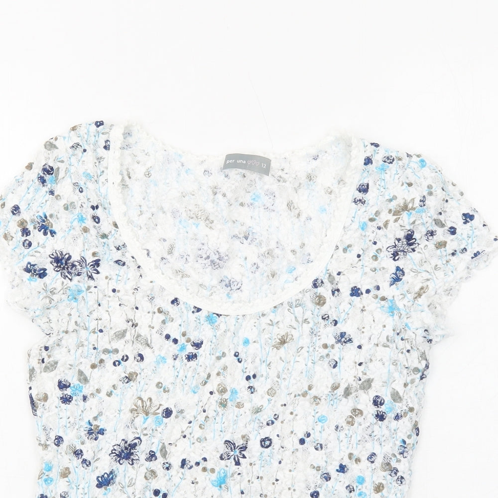 Per Una Womens White Geometric Viscose Basic T-Shirt Size 12 Scoop Neck