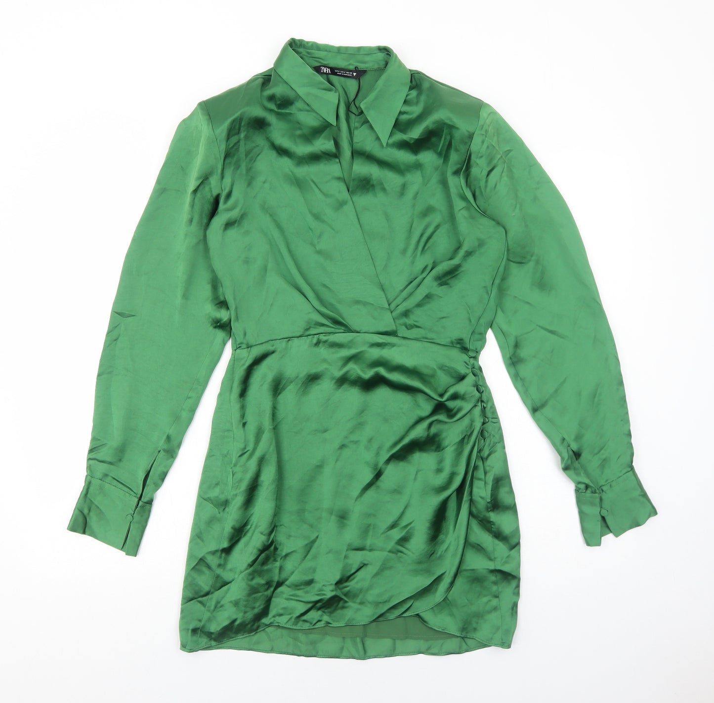 Zara Womens Green Polyester A-Line Size S Collared Zip