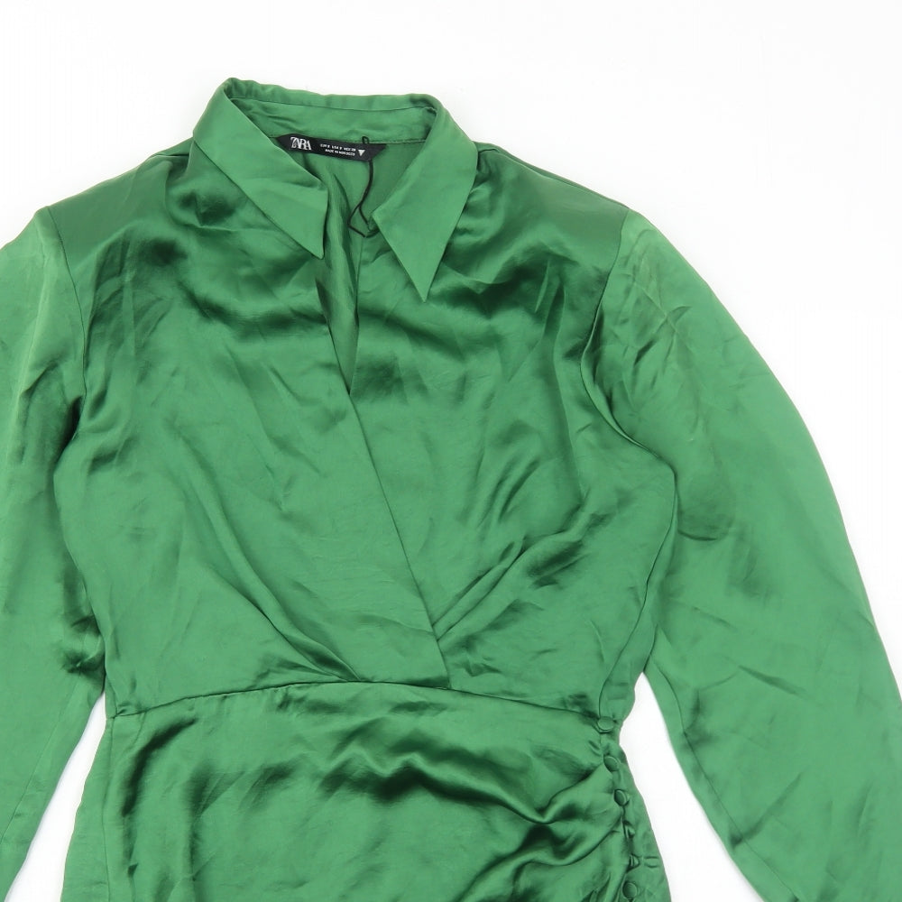 Zara Womens Green Polyester A-Line Size S Collared Zip