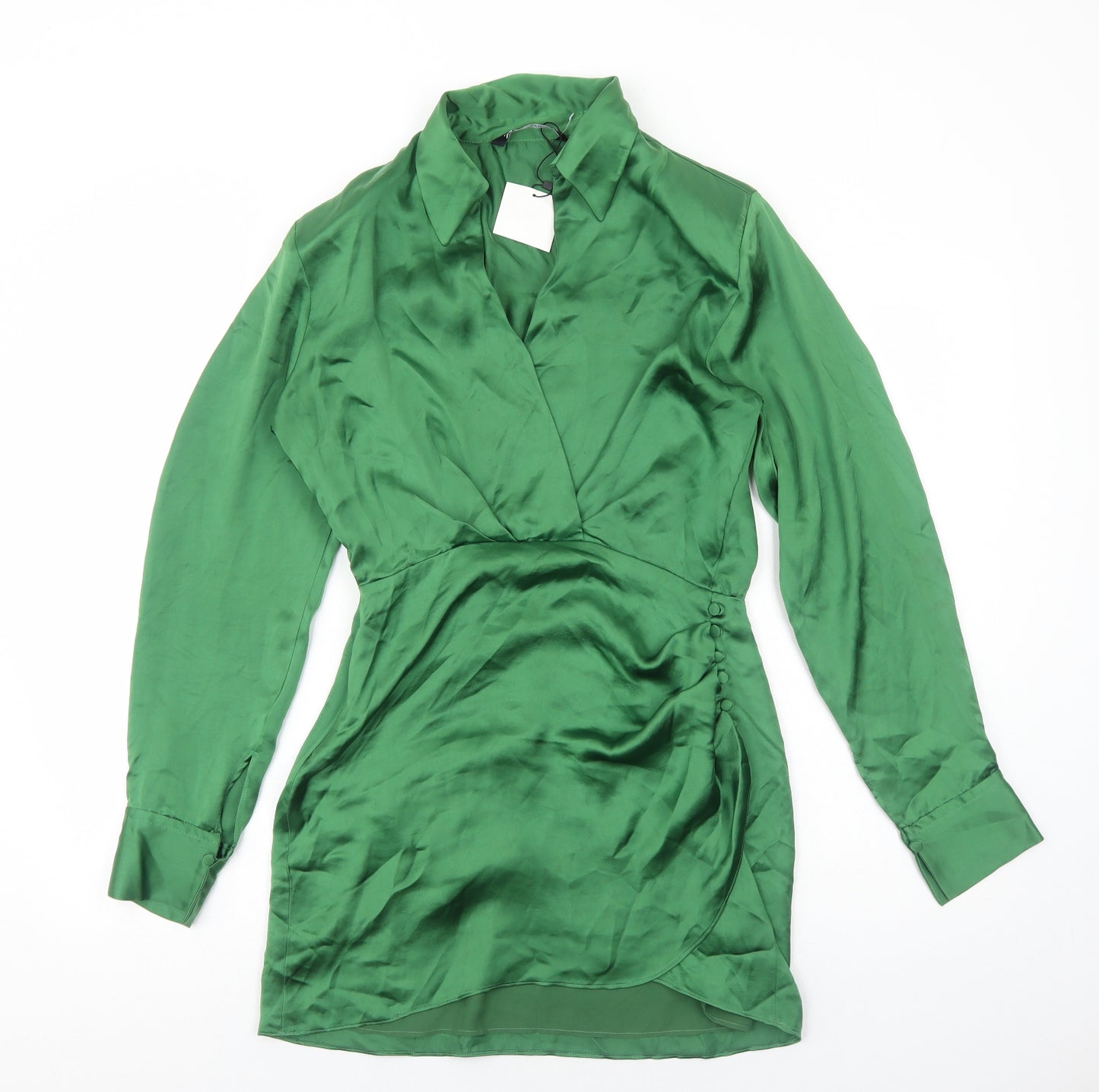 Zara Womens Green Polyester A-Line Size S Collared Zip