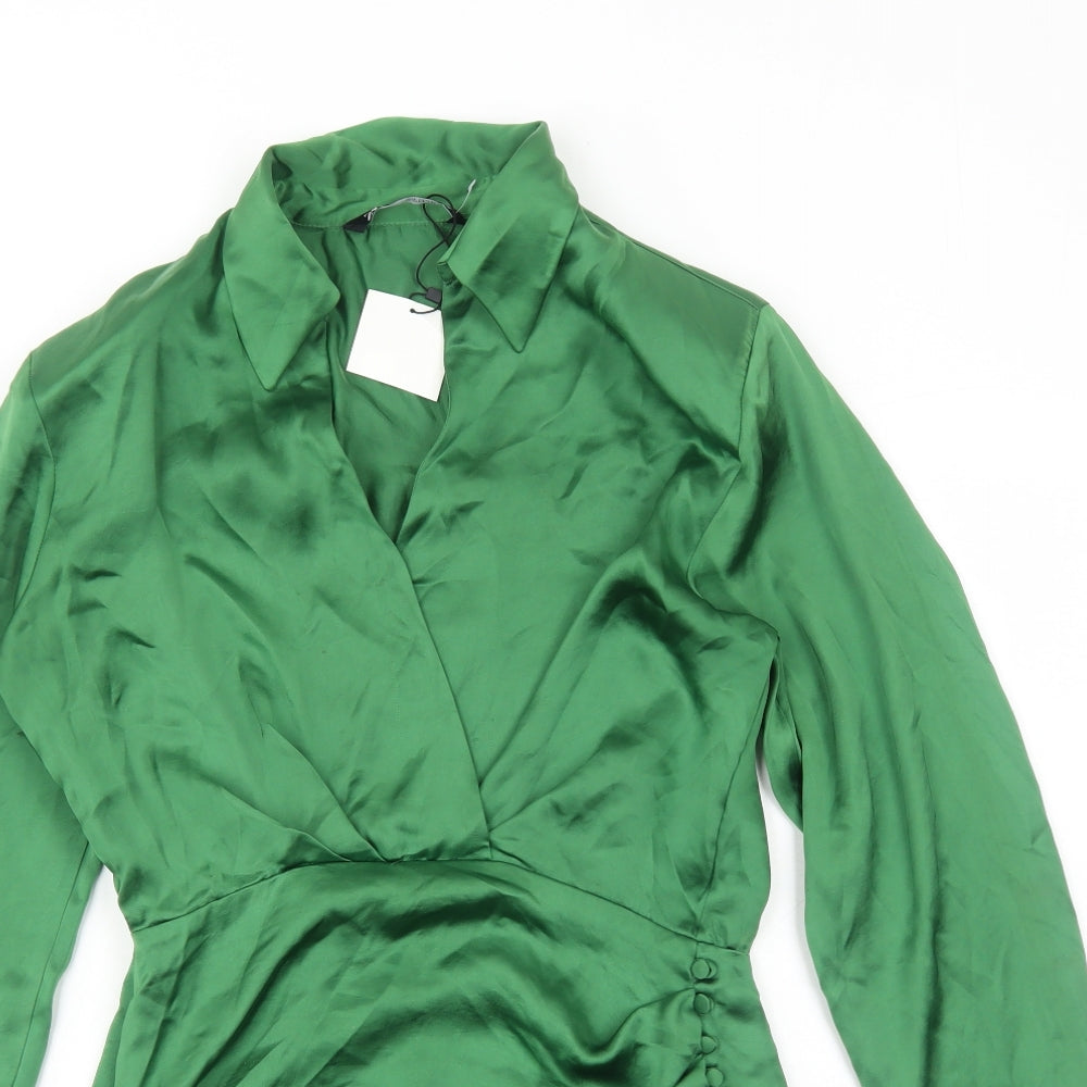 Zara Womens Green Polyester A-Line Size S Collared Zip