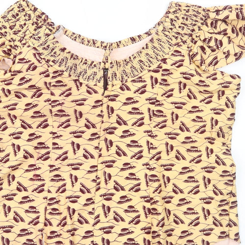 Preworn Womens Ivory Geometric Cotton Basic Blouse Size L Off the Shoulder