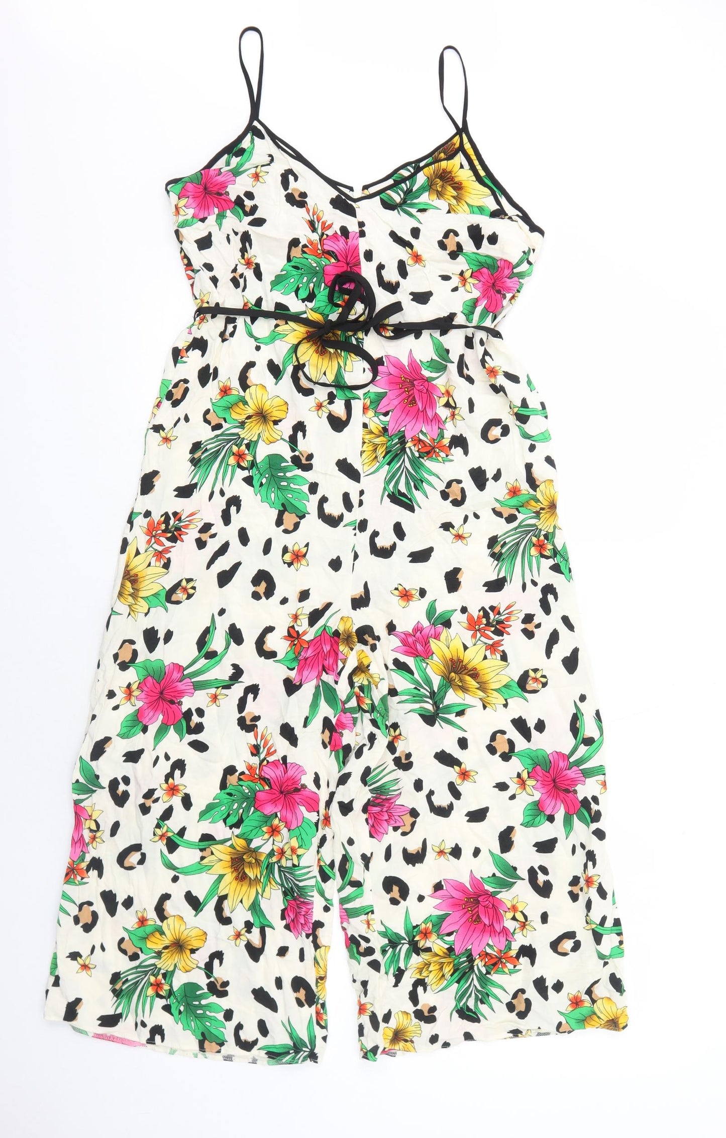 Primark Womens Ivory Floral Viscose Jumpsuit One-Piece Size 12 Zip