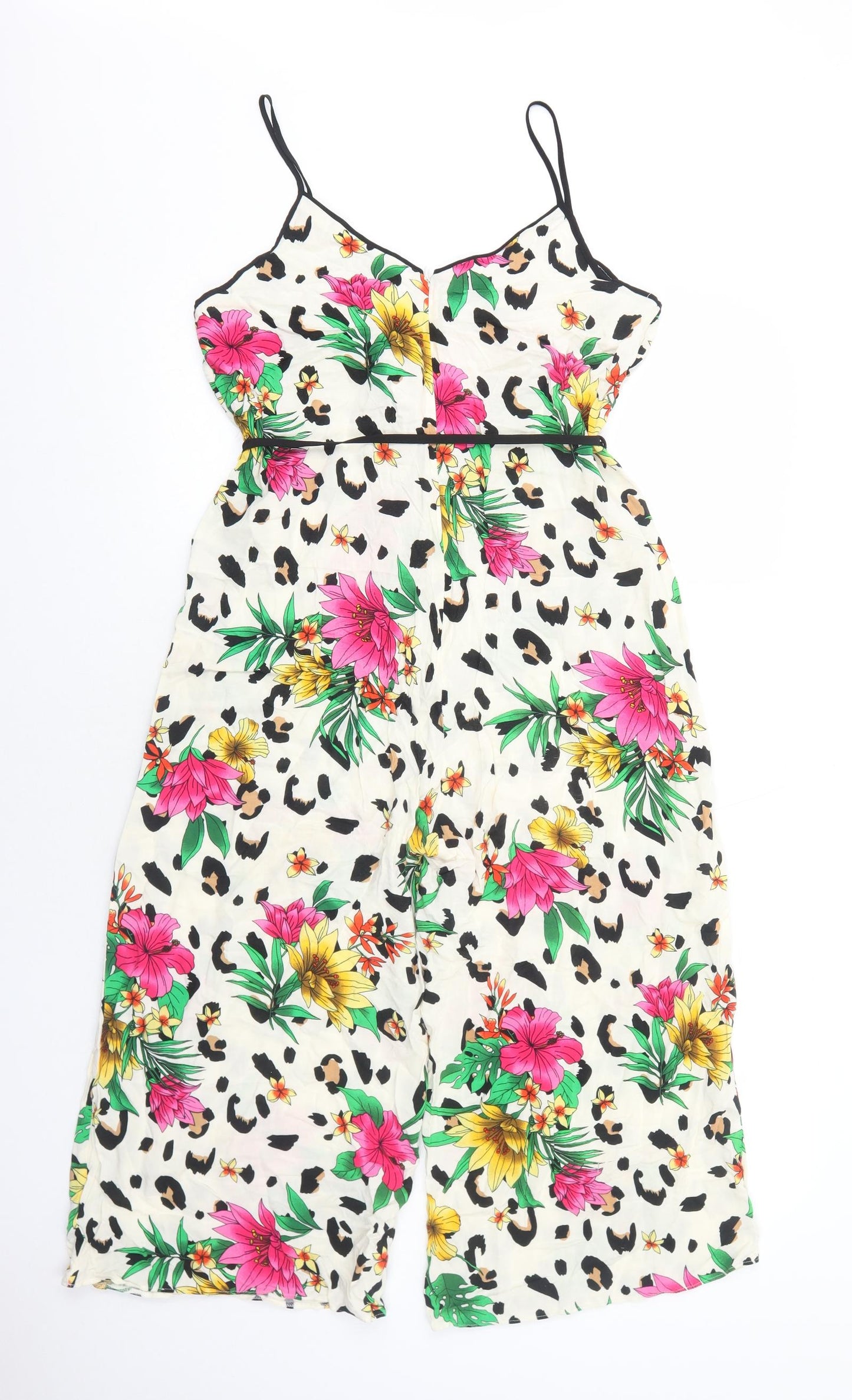 Primark Womens Ivory Floral Viscose Jumpsuit One-Piece Size 12 Zip