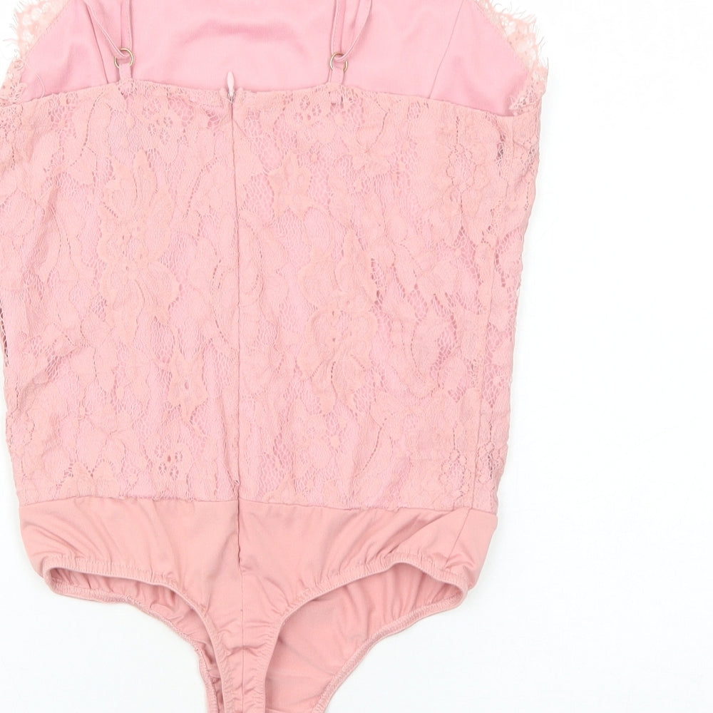 Missguided Womens Pink Polyester Bodysuit One-Piece Size 8 Zip - Lace Overlay
