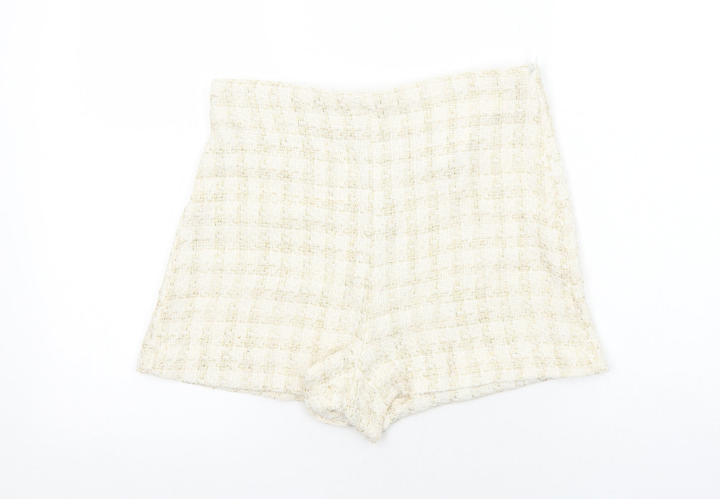 Zara Womens Ivory Check Cotton Basic Shorts Size M Regular Zip
