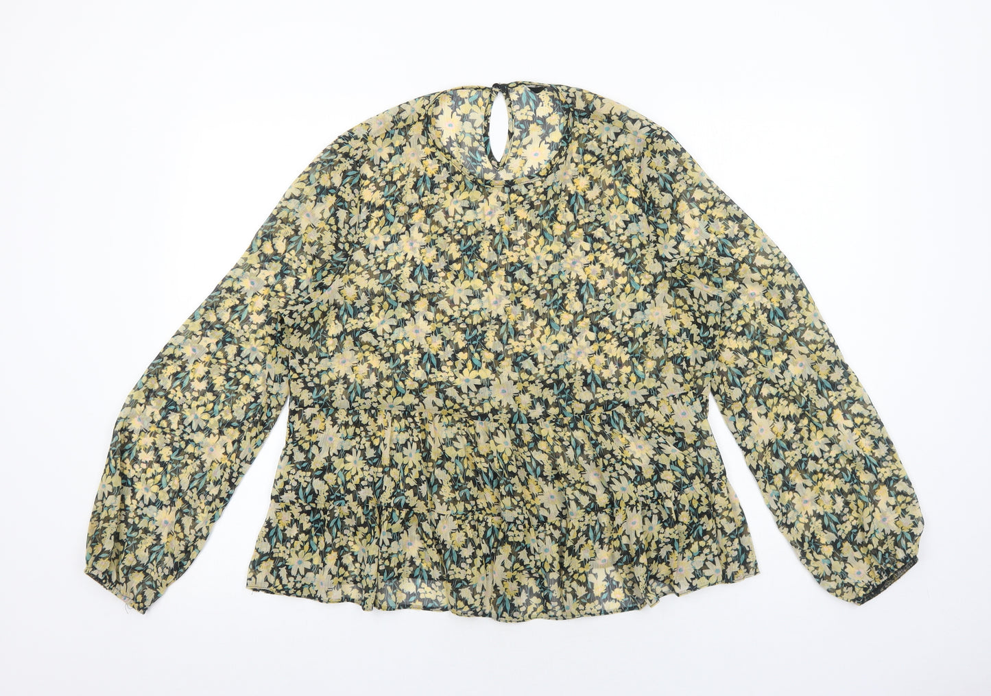 George Womens Yellow Floral Polyester Basic Blouse Size 14 Round Neck