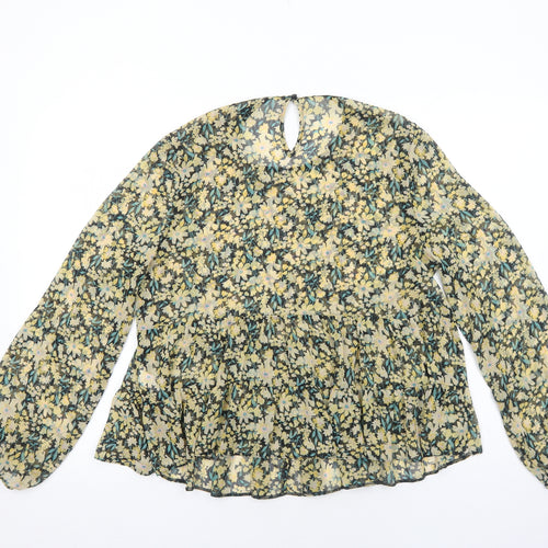George Womens Yellow Floral Polyester Basic Blouse Size 14 Round Neck
