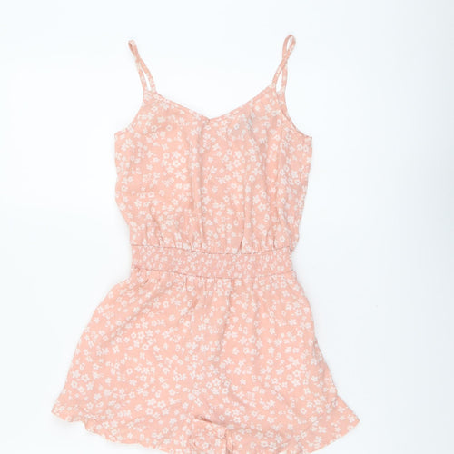 New Look Girls Pink Floral Polyester Playsuit One-Piece Size 10 Years Button