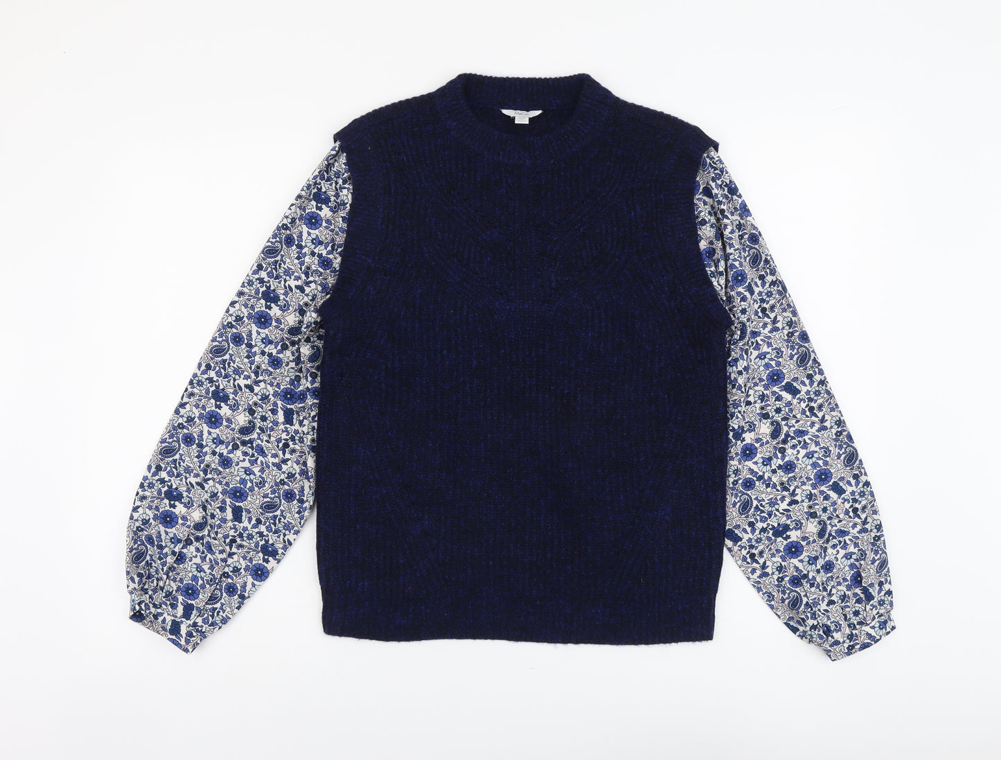 M&Co Womens Blue Round Neck Floral Cotton Pullover Jumper Size 10 - 2 in 1 Top