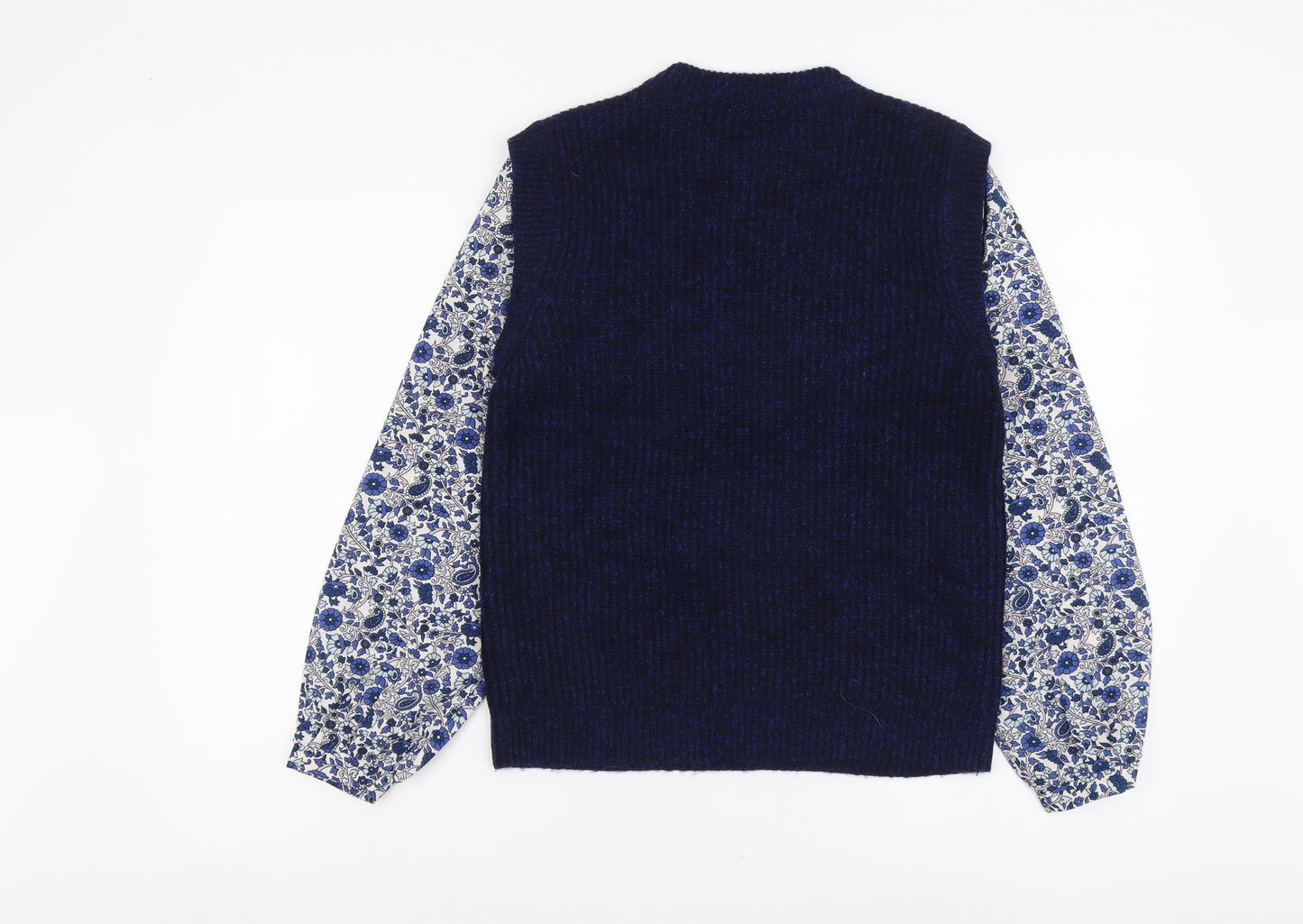 M&Co Womens Blue Round Neck Floral Cotton Pullover Jumper Size 10 - 2 in 1 Top
