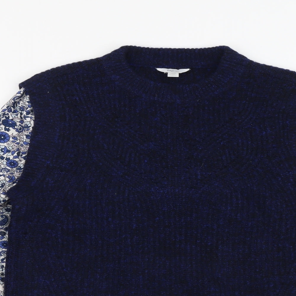M&Co Womens Blue Round Neck Floral Cotton Pullover Jumper Size 10 - 2 in 1 Top