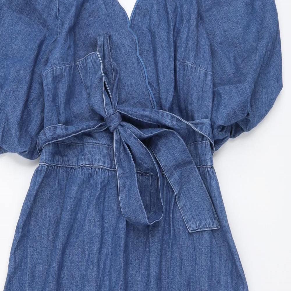 Marks and Spencer Womens Blue Cotton Trapeze & Swing Size 8 V-Neck Button