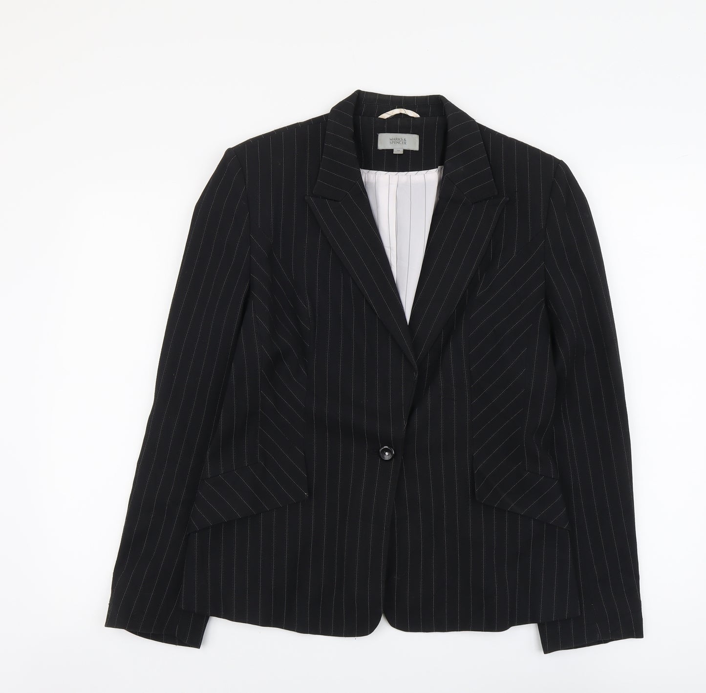 Marks and Spencer Womens Black Pinstripe Polyester Jacket Blazer Size 14