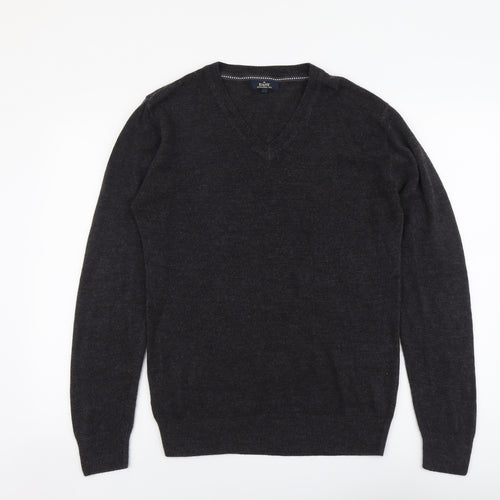 Easy Mens Grey V-Neck Acrylic Pullover Jumper Size M Long Sleeve