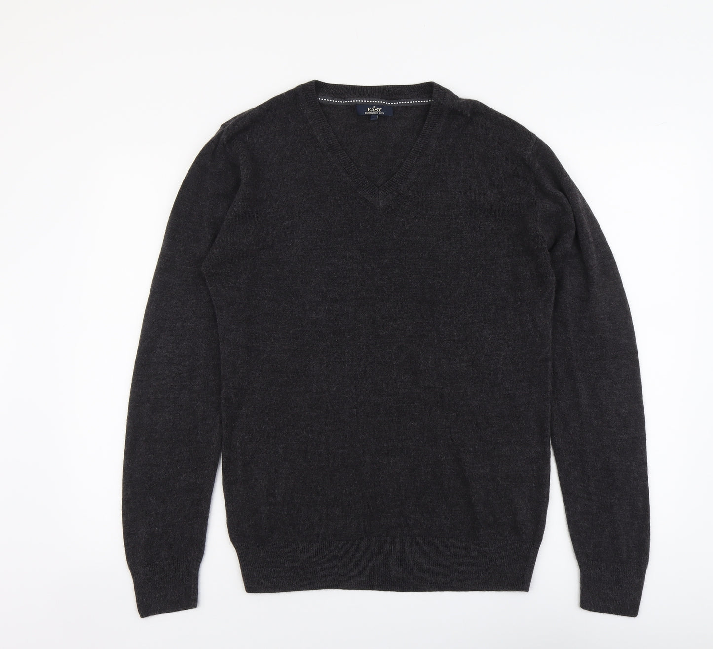 Easy Mens Grey V-Neck Acrylic Pullover Jumper Size M Long Sleeve