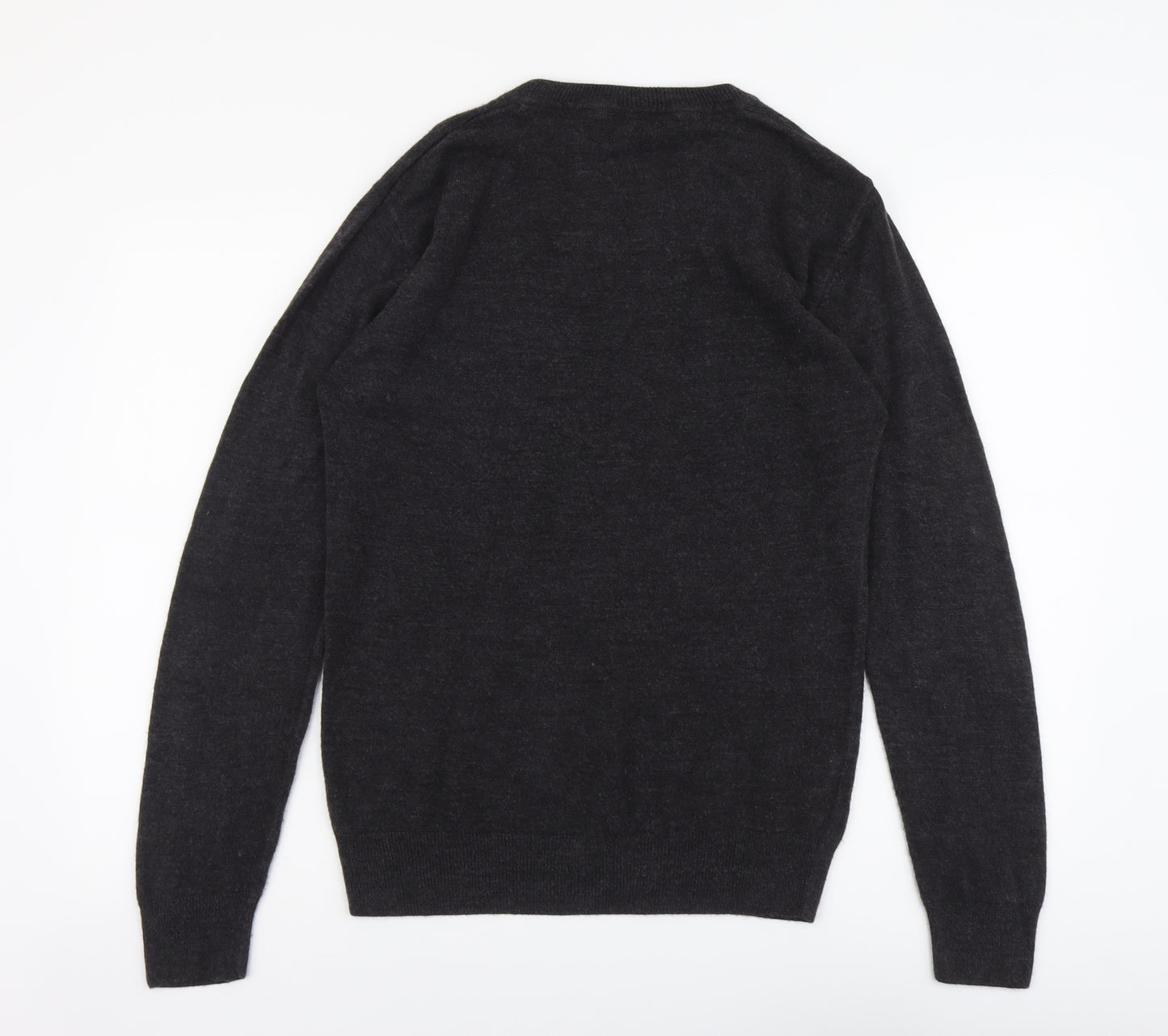 Easy Mens Grey V-Neck Acrylic Pullover Jumper Size M Long Sleeve
