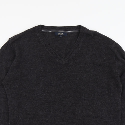 Easy Mens Grey V-Neck Acrylic Pullover Jumper Size M Long Sleeve