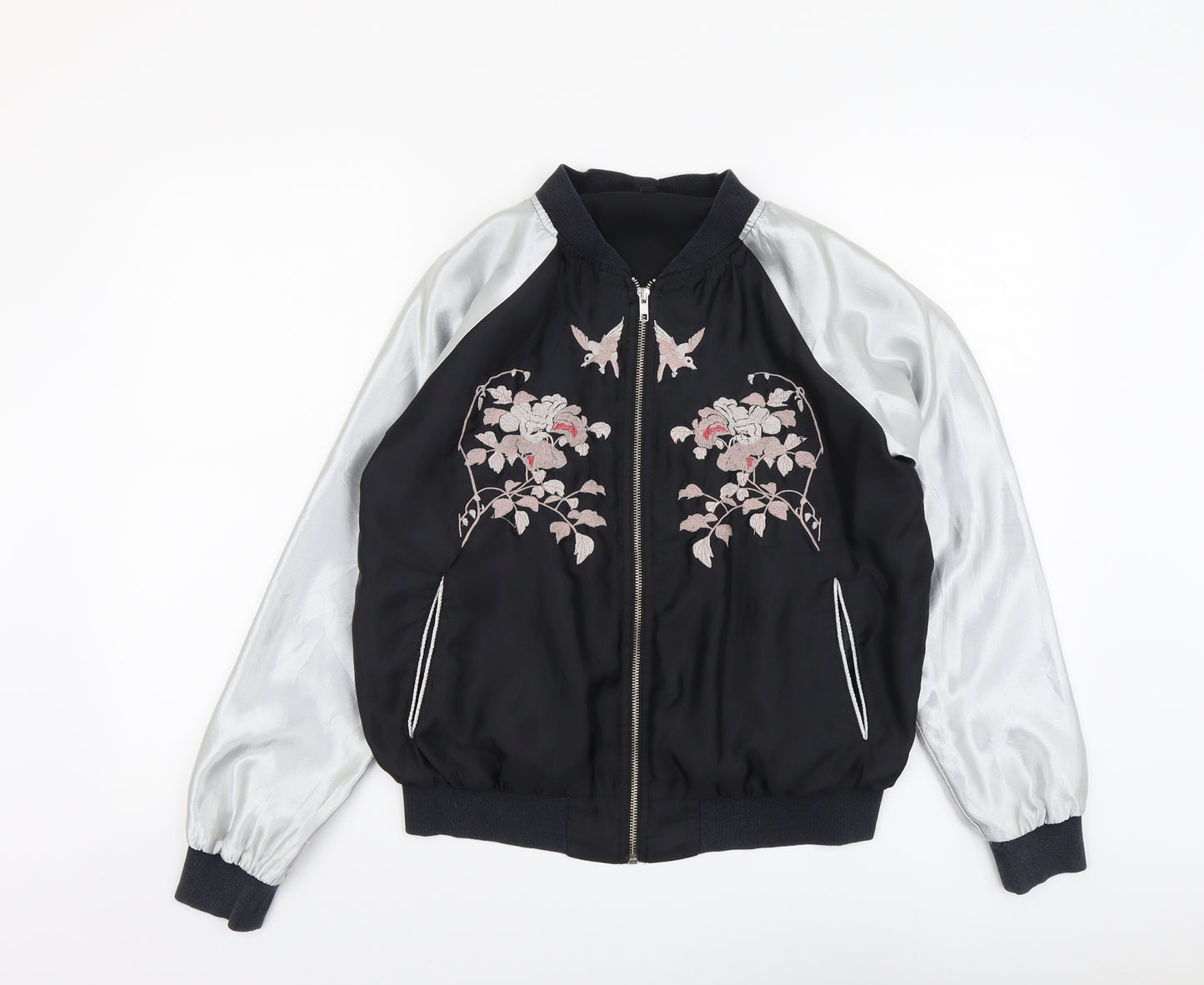New Look Womens Black Bomber Jacket Jacket Size 12 Zip - Flower Detail