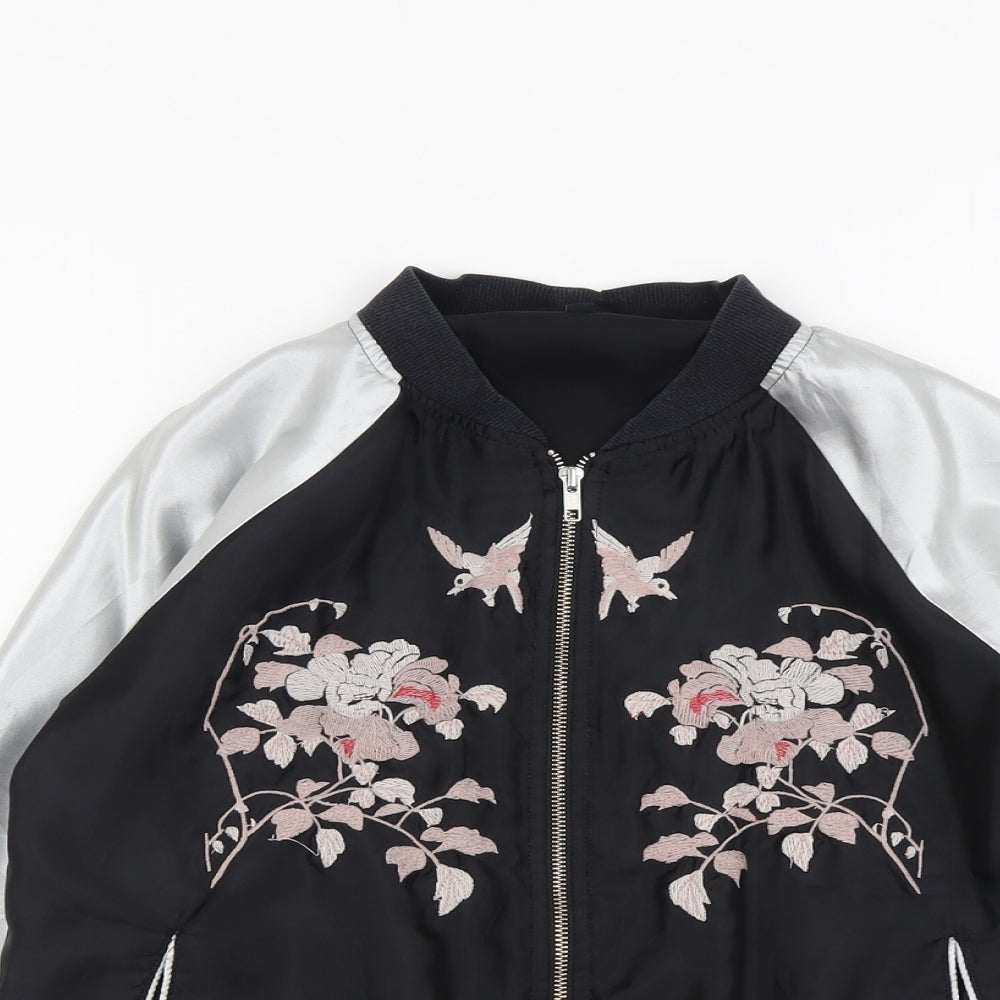 New Look Womens Black Bomber Jacket Jacket Size 12 Zip - Flower Detail