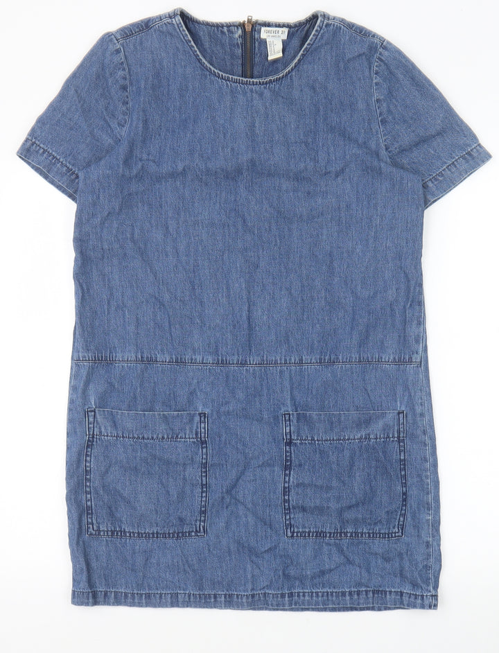 FOREVER 21 Womens Blue Cotton A-Line Size S Round Neck Zip