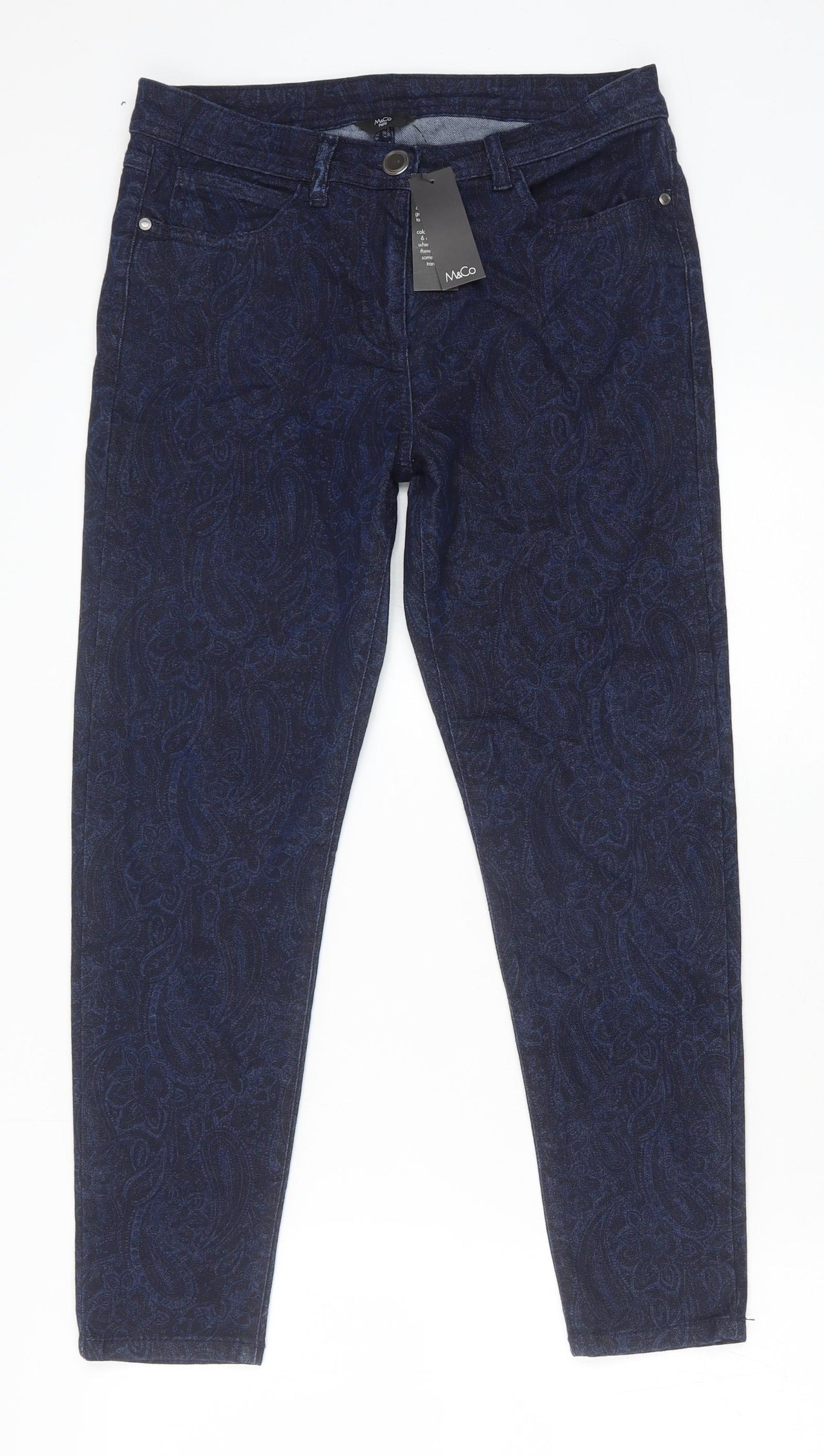 M&Co Womens Blue Floral Cotton Skinny Jeans Size 10 Regular Zip