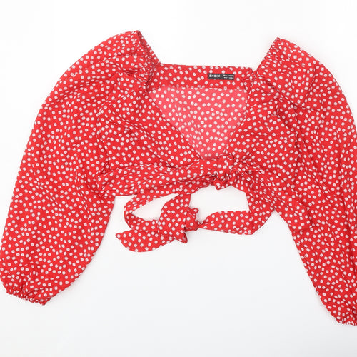 SheIn Womens Red Polka Dot Polyester Cropped Blouse Size M V-Neck