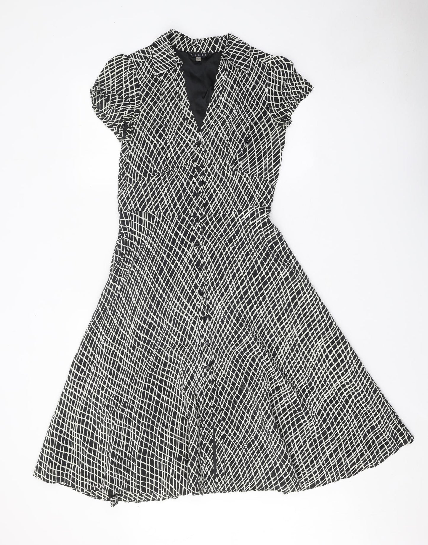 Coast Womens Black Geometric Silk Fit & Flare Size 10 V-Neck Button