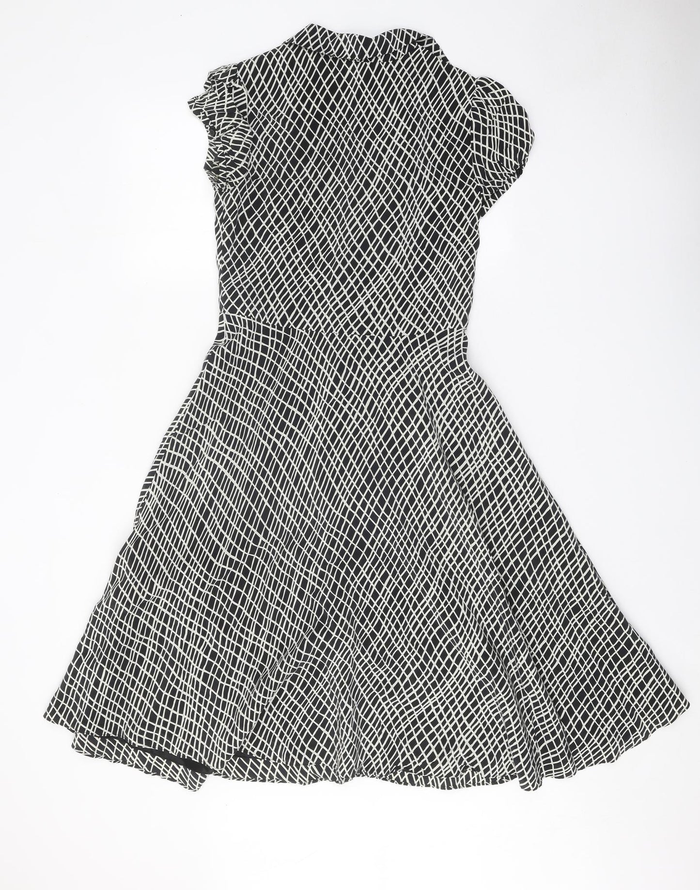 Coast Womens Black Geometric Silk Fit & Flare Size 10 V-Neck Button