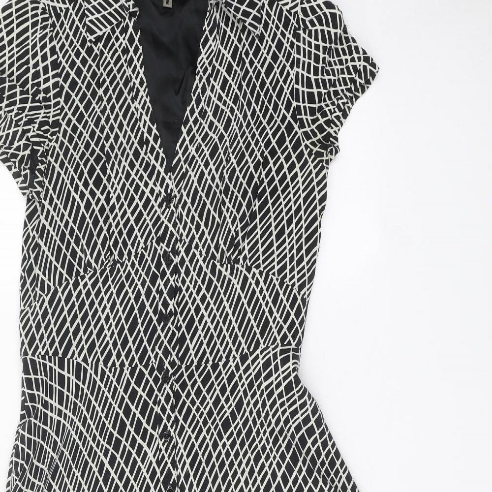 Coast Womens Black Geometric Silk Fit & Flare Size 10 V-Neck Button