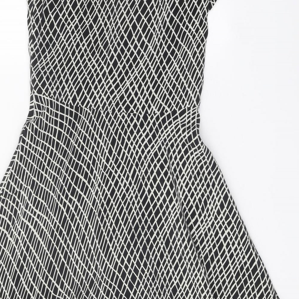Coast Womens Black Geometric Silk Fit & Flare Size 10 V-Neck Button