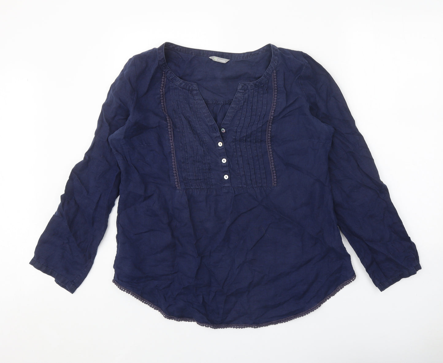 Marks and Spencer Womens Blue Linen Basic Blouse Size 14 V-Neck