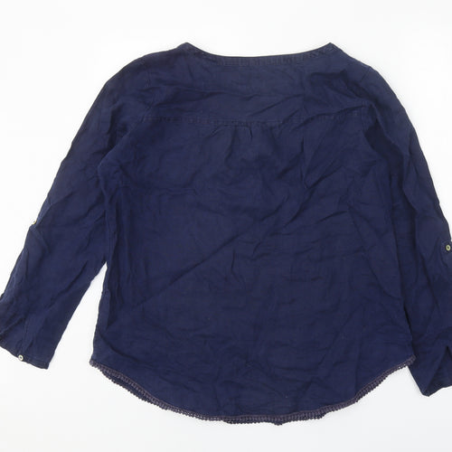 Marks and Spencer Womens Blue Linen Basic Blouse Size 14 V-Neck