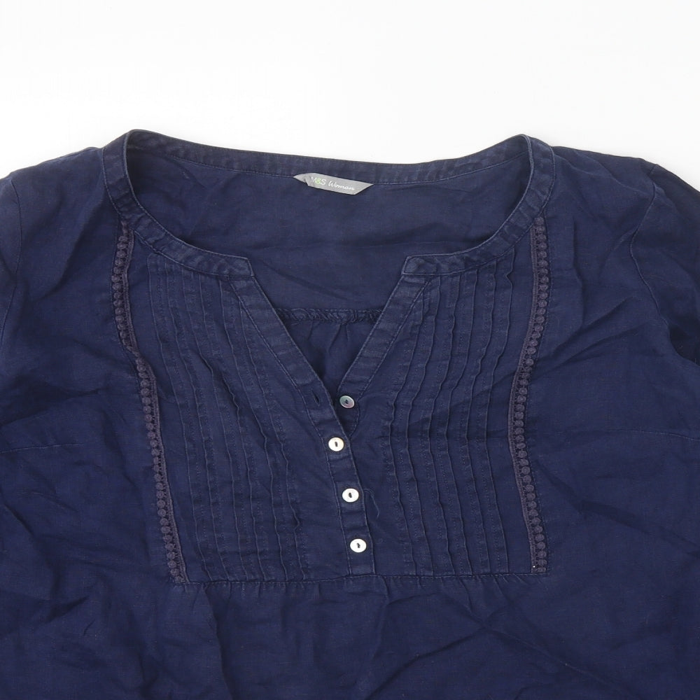 Marks and Spencer Womens Blue Linen Basic Blouse Size 14 V-Neck
