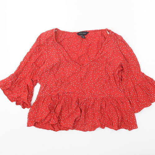 New Look Womens Red Polka Dot Polyester Basic Blouse Size 6 V-Neck - Drop hem
