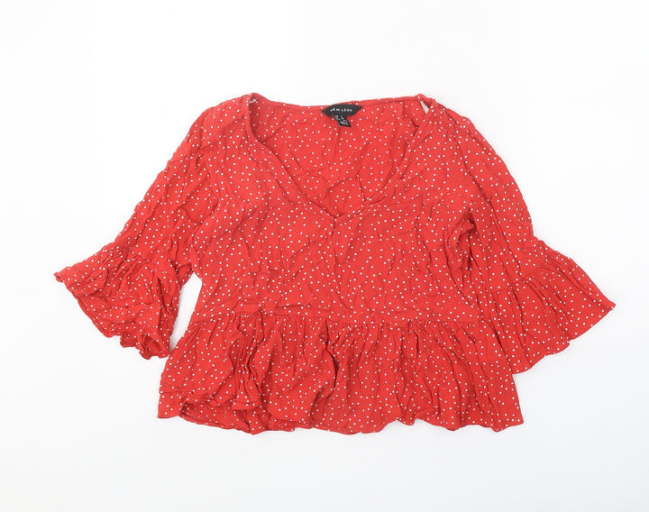 New Look Womens Red Polka Dot Polyester Basic Blouse Size 6 V-Neck - Drop hem