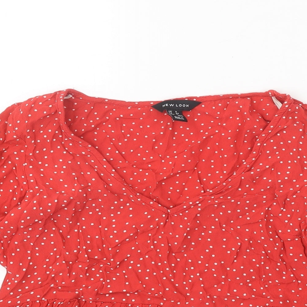 New Look Womens Red Polka Dot Polyester Basic Blouse Size 6 V-Neck - Drop hem