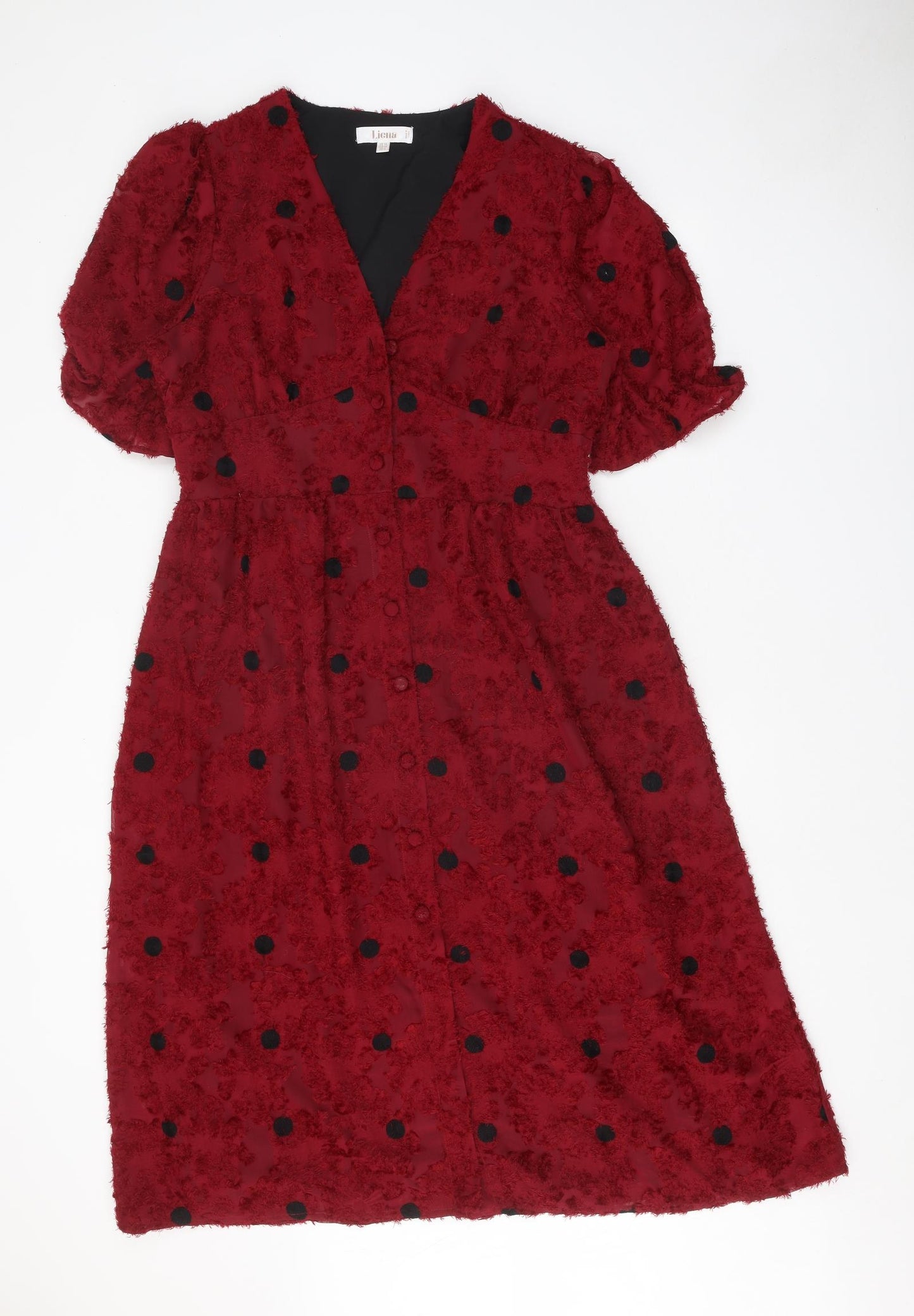 Liena Womens Red Polka Dot Polyester Fit & Flare Size 16 V-Neck Button