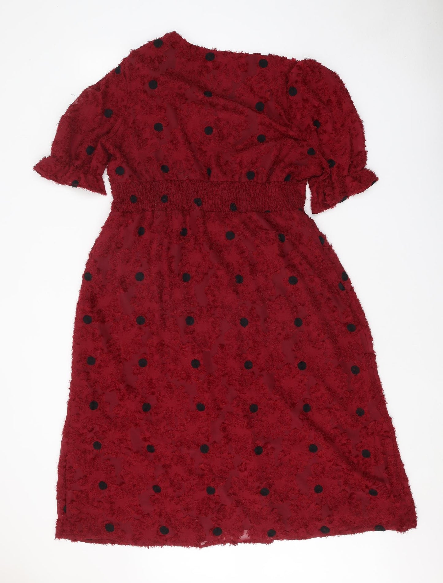 Liena Womens Red Polka Dot Polyester Fit & Flare Size 16 V-Neck Button