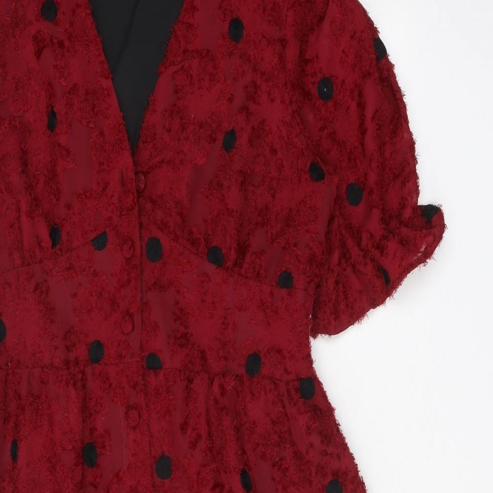 Liena Womens Red Polka Dot Polyester Fit & Flare Size 16 V-Neck Button