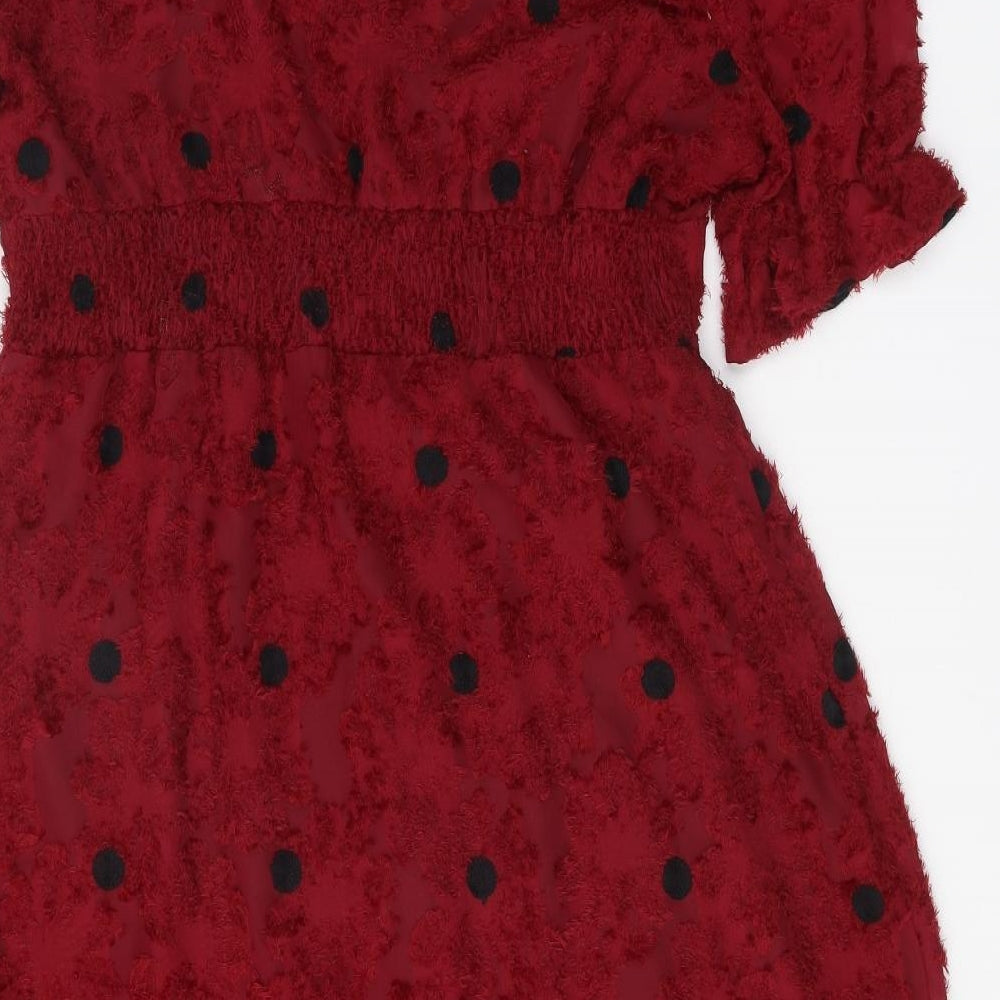 Liena Womens Red Polka Dot Polyester Fit & Flare Size 16 V-Neck Button