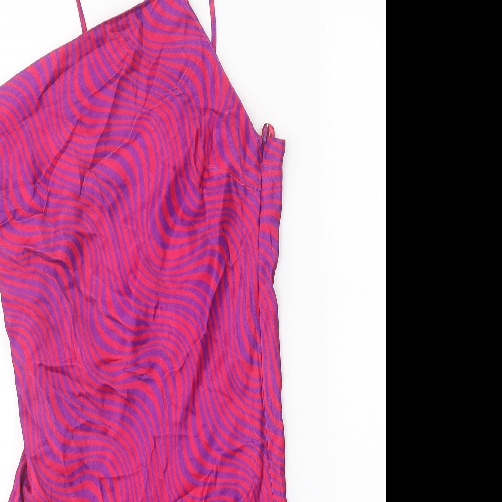 Primark Womens Pink Geometric Viscose Slip Dress Size 10 Square Neck Pullover