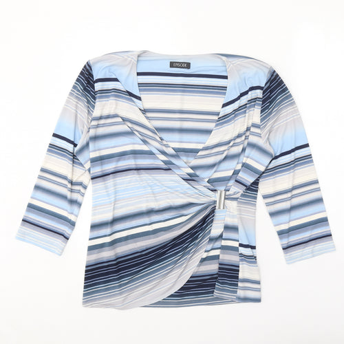 Episode Womens Blue Striped Polyester Basic T-Shirt Size L V-Neck