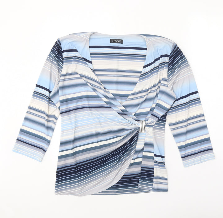 Episode Womens Blue Striped Polyester Basic T-Shirt Size L V-Neck