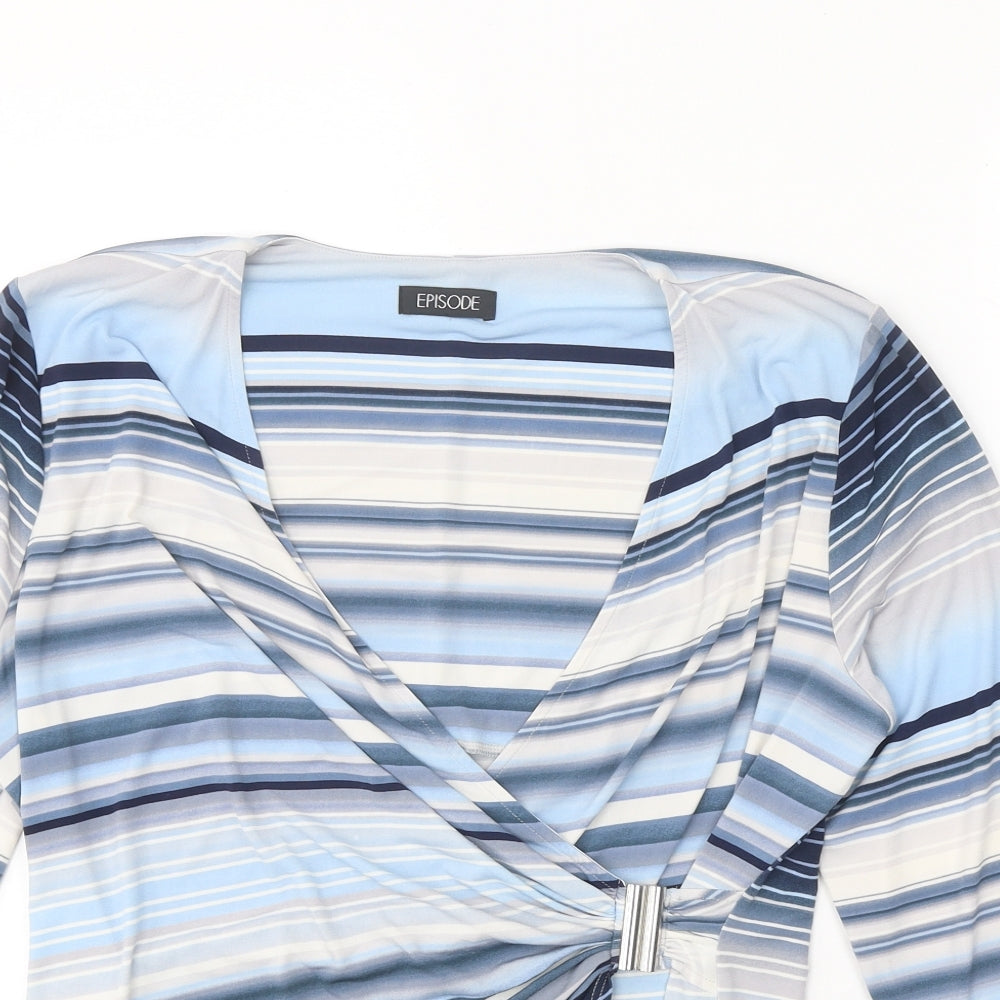 Episode Womens Blue Striped Polyester Basic T-Shirt Size L V-Neck