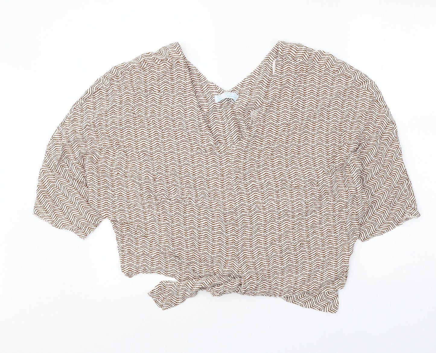 Primark Womens Beige Geometric Viscose Cropped Blouse Size 14 V-Neck