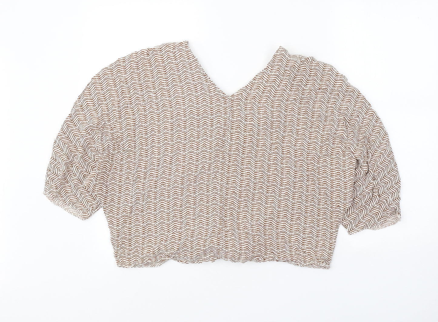 Primark Womens Beige Geometric Viscose Cropped Blouse Size 14 V-Neck