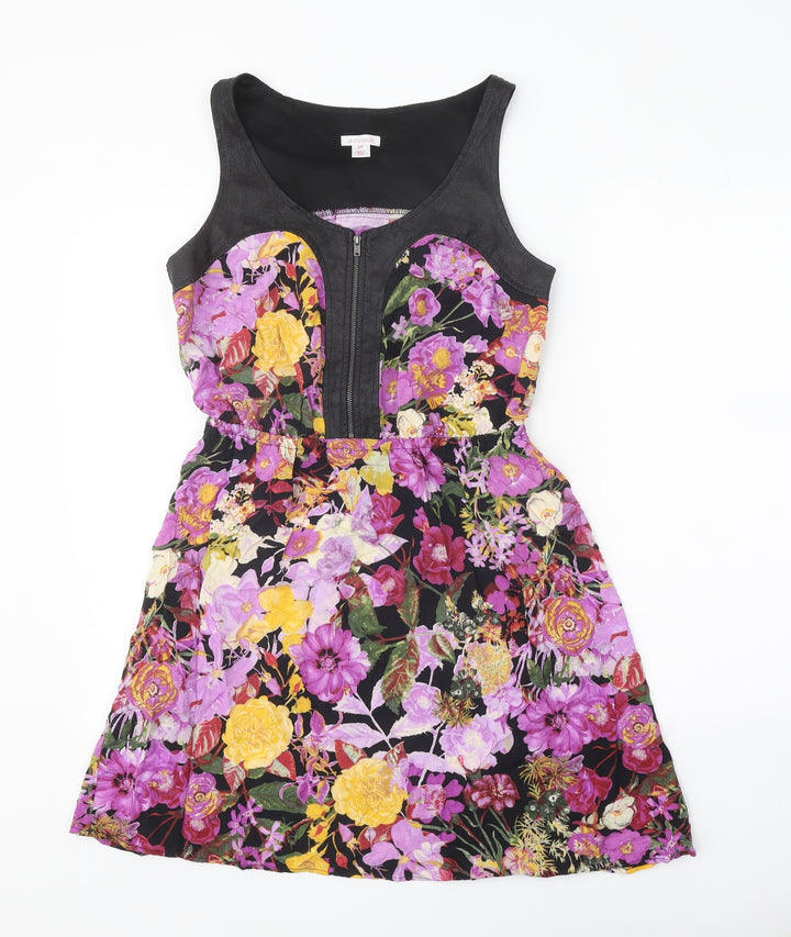 Xhilaration Womens Black Floral Viscose A-Line Size S Round Neck Zip