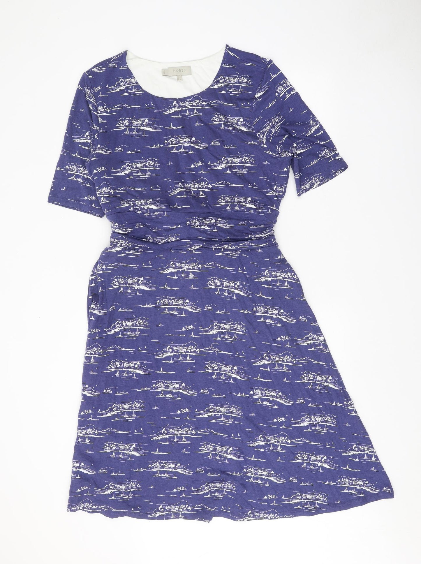 Hobbs Womens Blue Geometric Viscose A-Line Size 16 Round Neck Tie