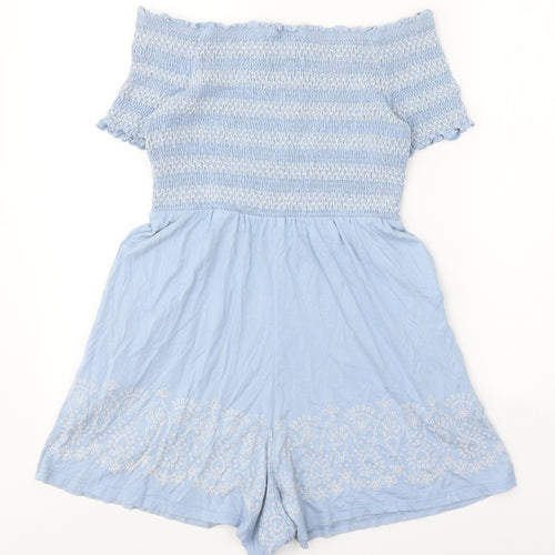 Miss Selfridge Womens Blue Geometric Polyester Playsuit One-Piece Size 10 Pullover - Shirred Bardot